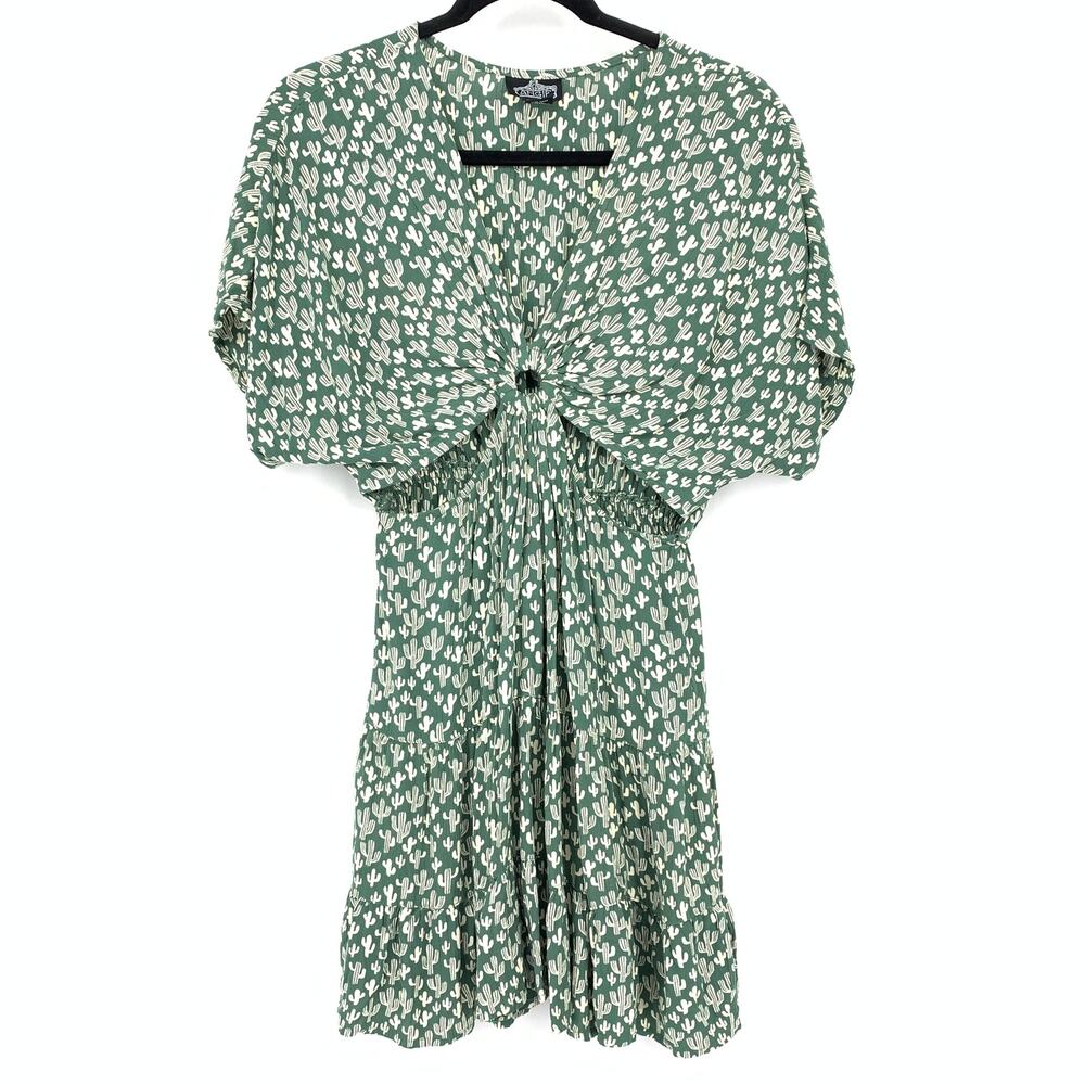 Angie Cutout Short Sleeve Mini Dress Womens Size Large Green Cream Cactus Print